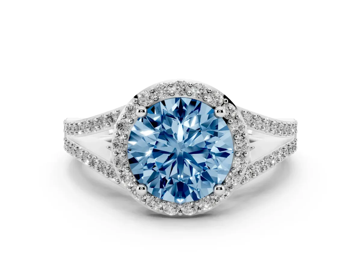 Fancy Blue Round Cut Diamond Halo Split Shank Ring Set in Platinum with Accent Stones and Prong Setting