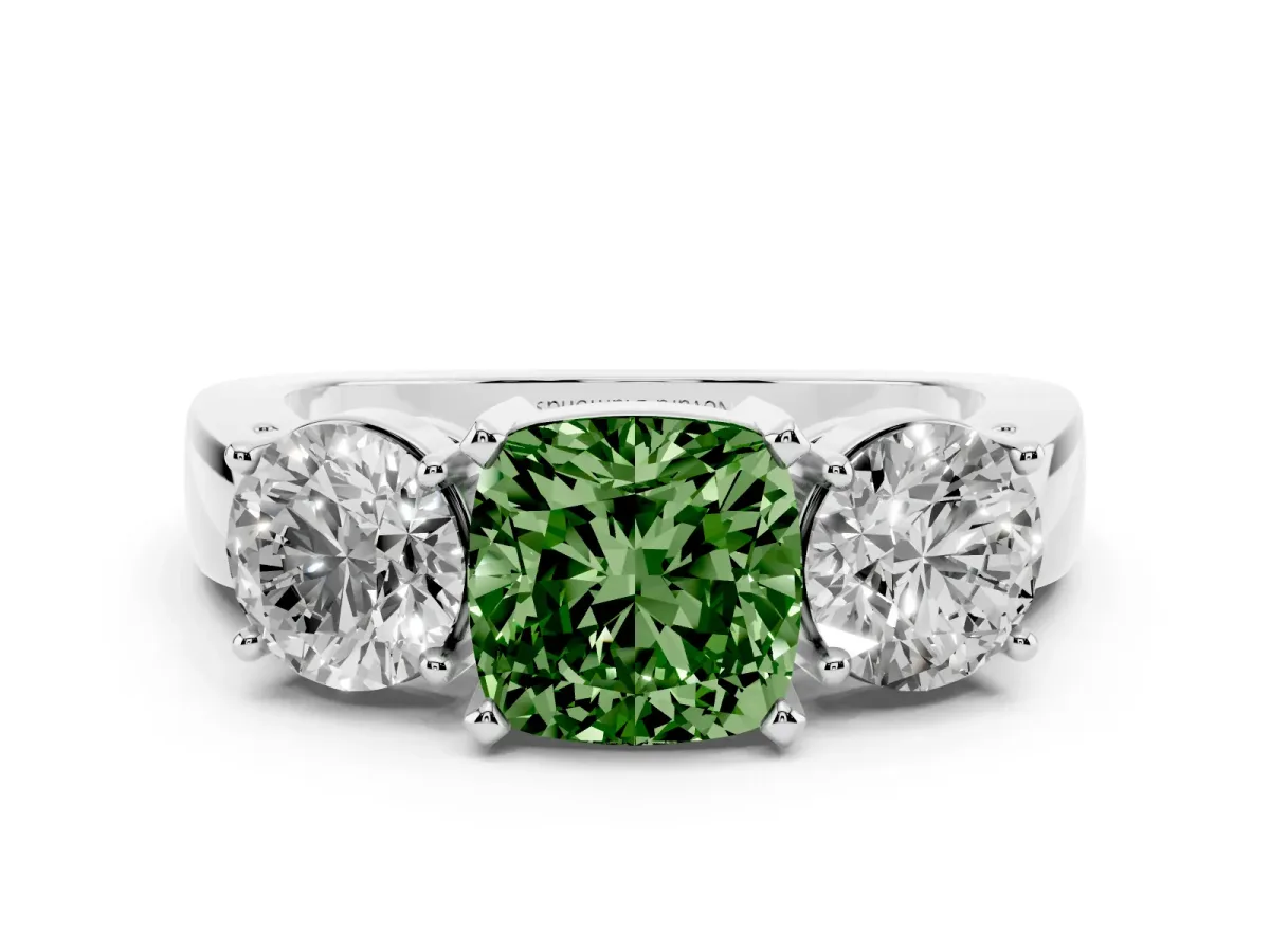 Fancy Green Cushion Cut Diamond Three-Stone Ring Set in Platinum with Round Side Stones and Classic Band