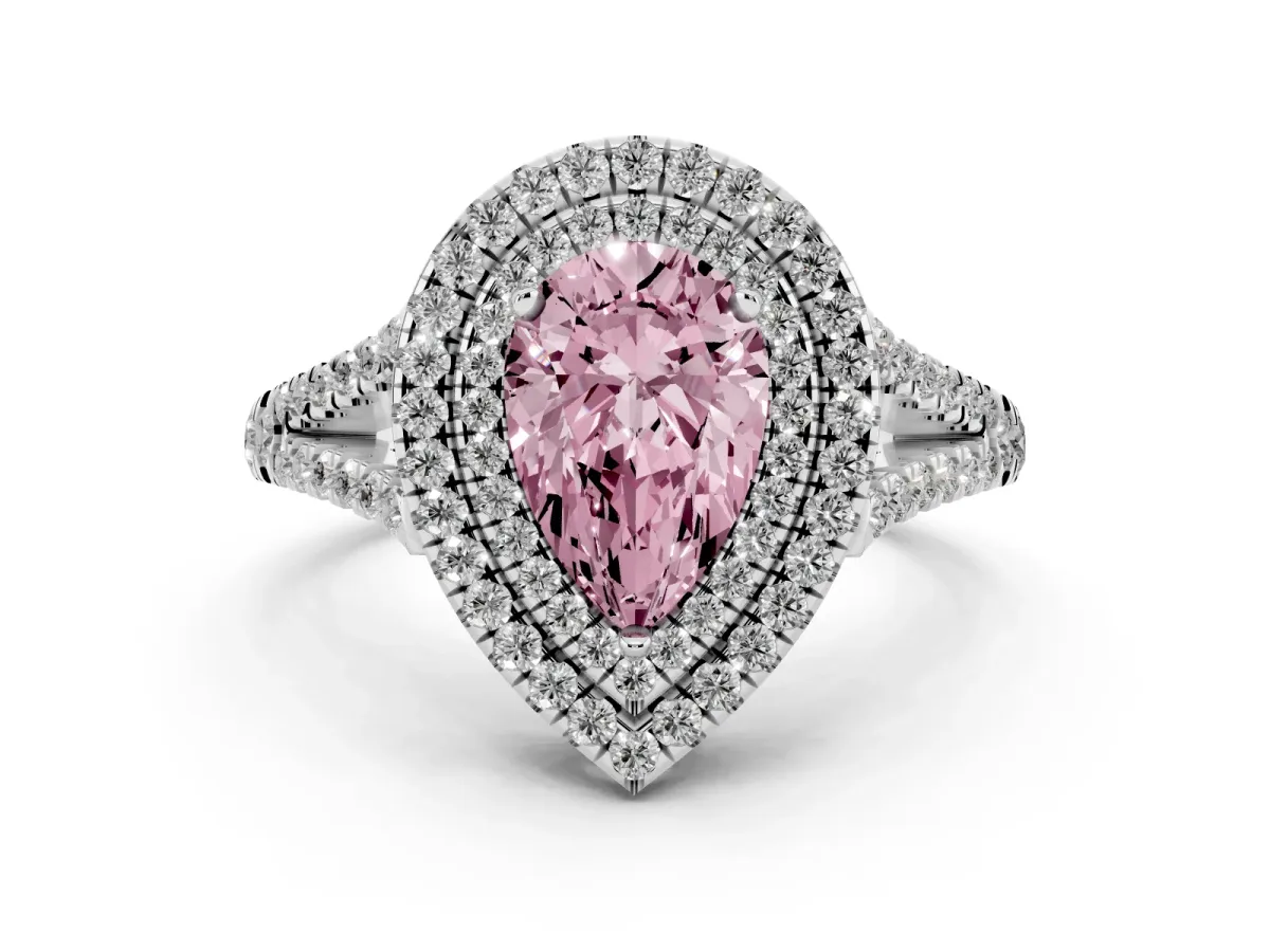 Fancy Pink Pear Cut Diamond Double Halo Ring Set in White gold with Pavé Band