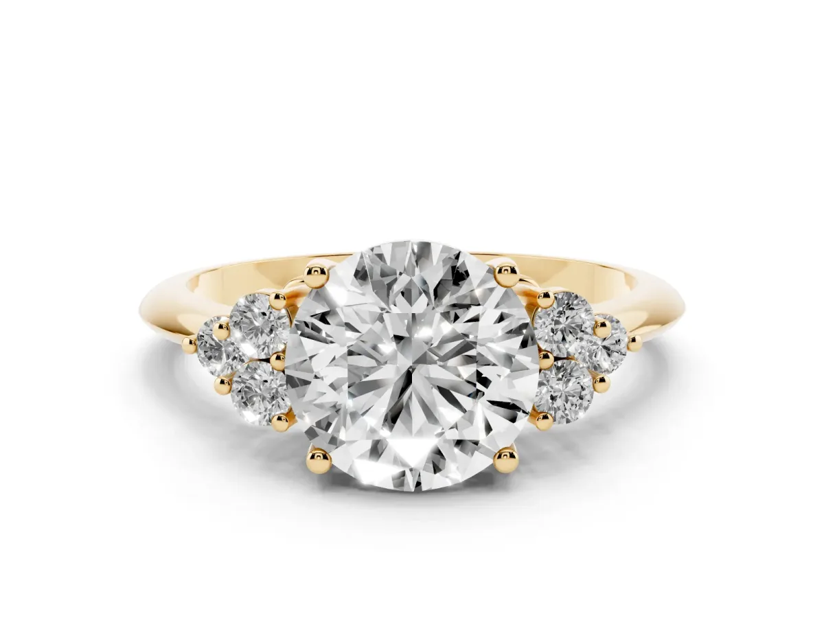 Round Cut Diamond Cluster Ring Set in Yellow gold with Plain Band and Prong Setting