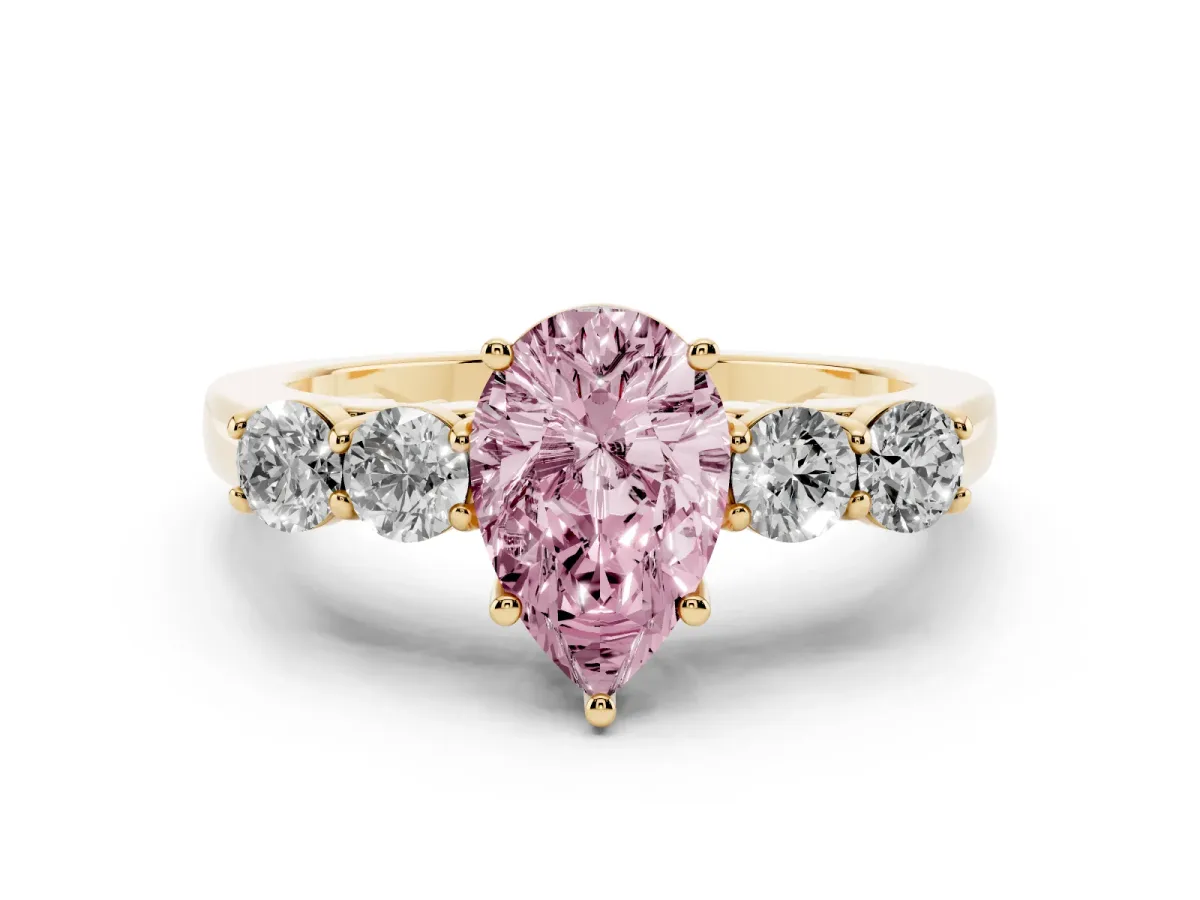 Fancy Pink Pear Cut Diamond Five-Stone Prong Set Band Ring Set in Yellow gold with Polished Band