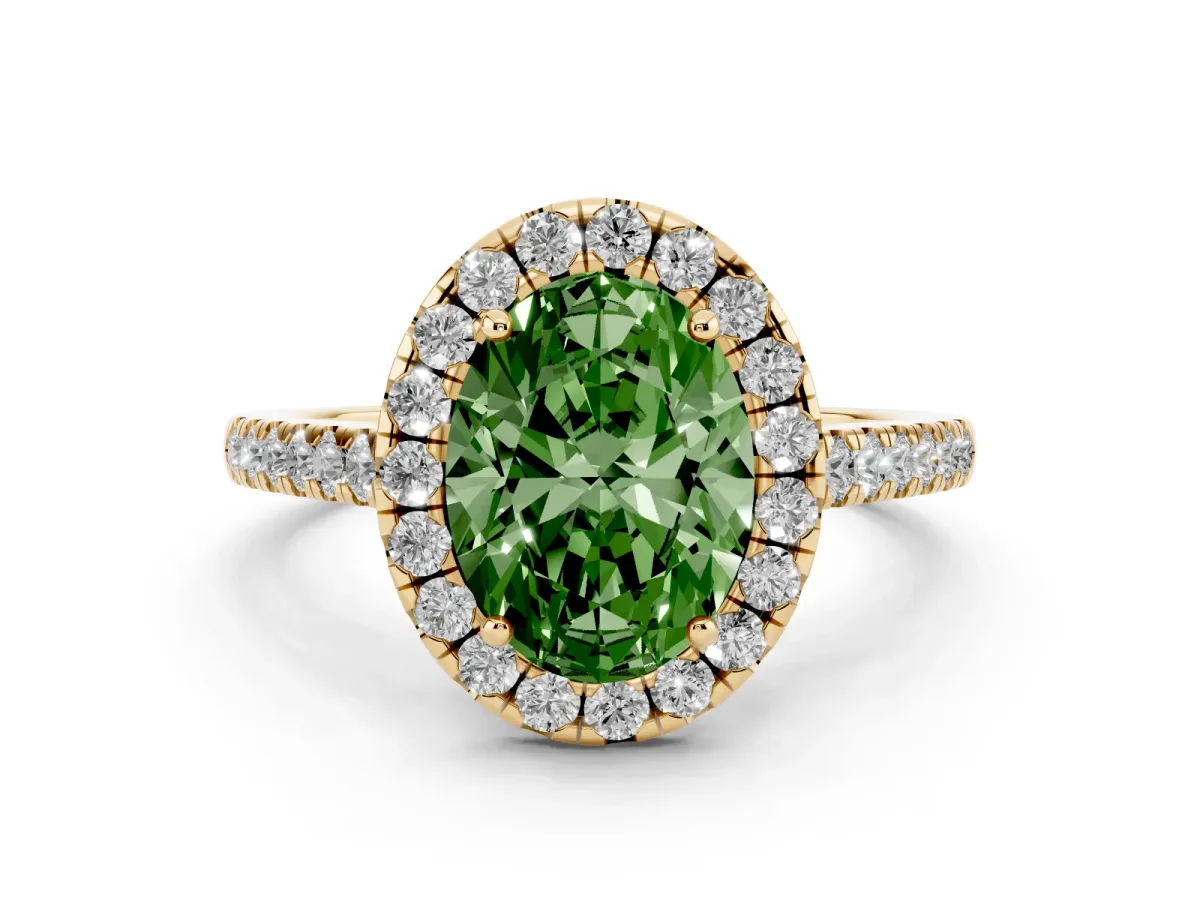 Fancy Green Oval Cut Diamond Halo Pavé Engagement Ring Set in Yellow gold with Prong Setting