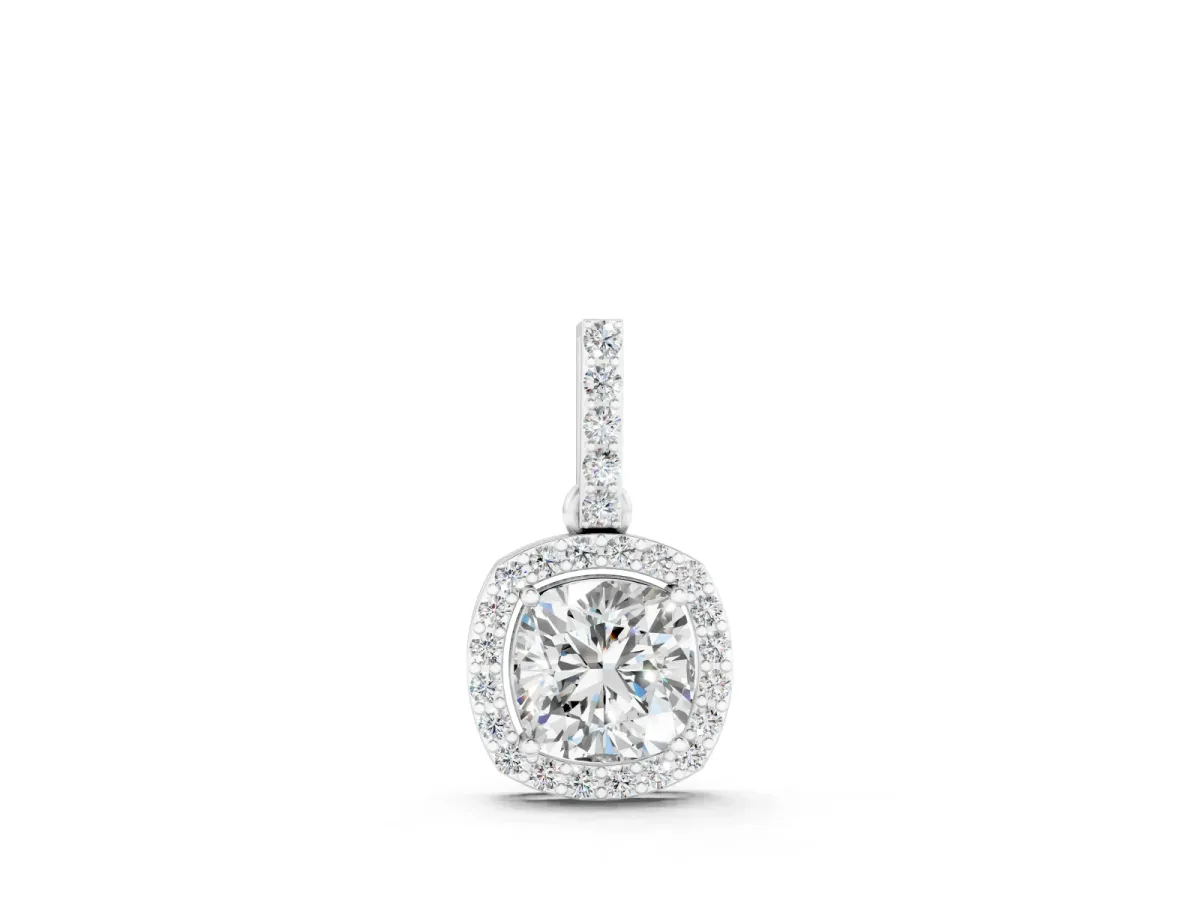 Cushion Diamond Halo Pendant Set in White gold with Prong-Set Center