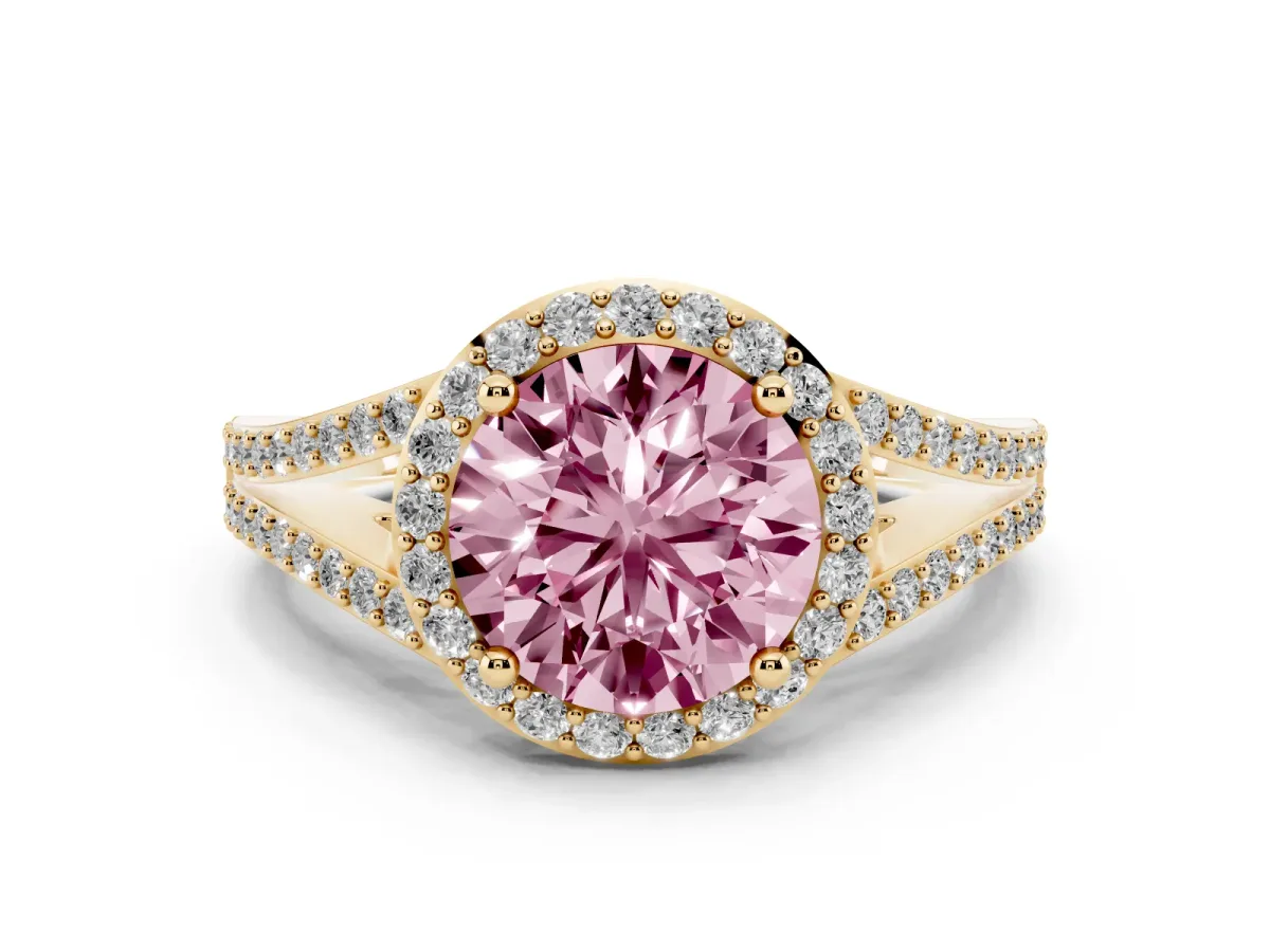 Fancy Pink Round Cut Diamond Halo Split Shank Ring Set in Yellow gold with Accent Stones and Prong Setting