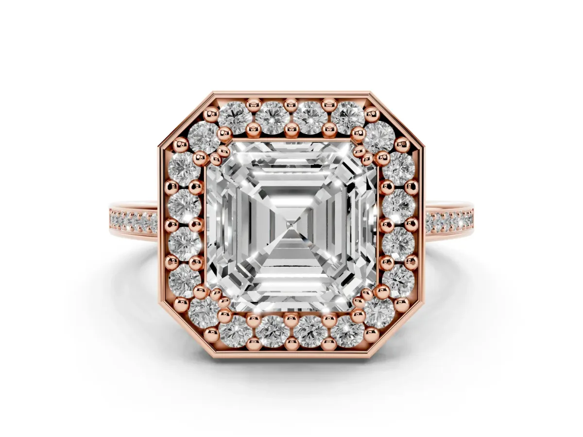 Asscher Cut Diamond Halo Ring Set in Rose gold with Accent-Lined Split Shank and Prong Setting