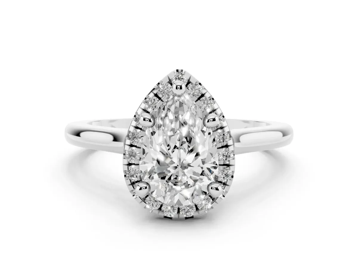 Pear Cut Diamond Halo Engagement Ring Set in Silver with Pavé Band and Rising Shoulders