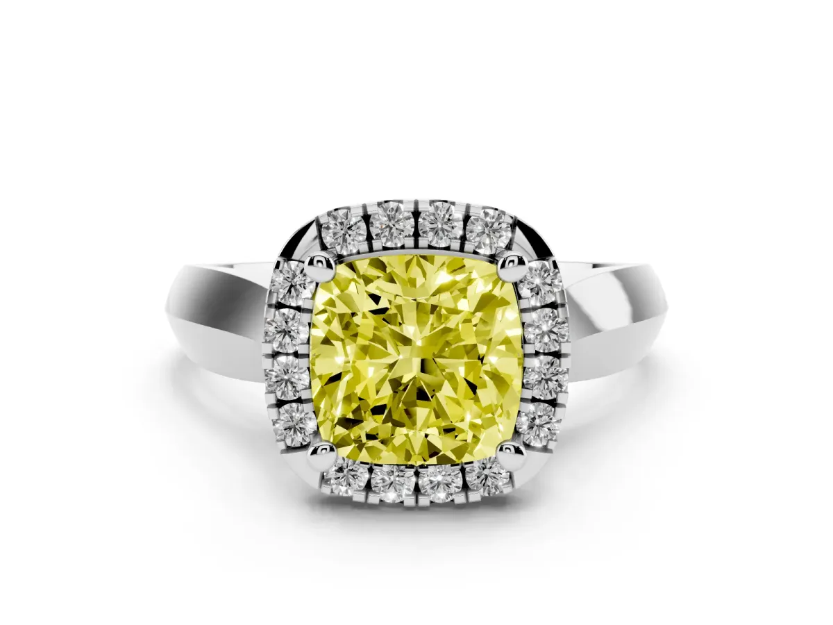 Fancy Yellow Cushion Cut Diamond Halo Solitaire Engagement Ring Set in White gold with Square Band and Prong Setting