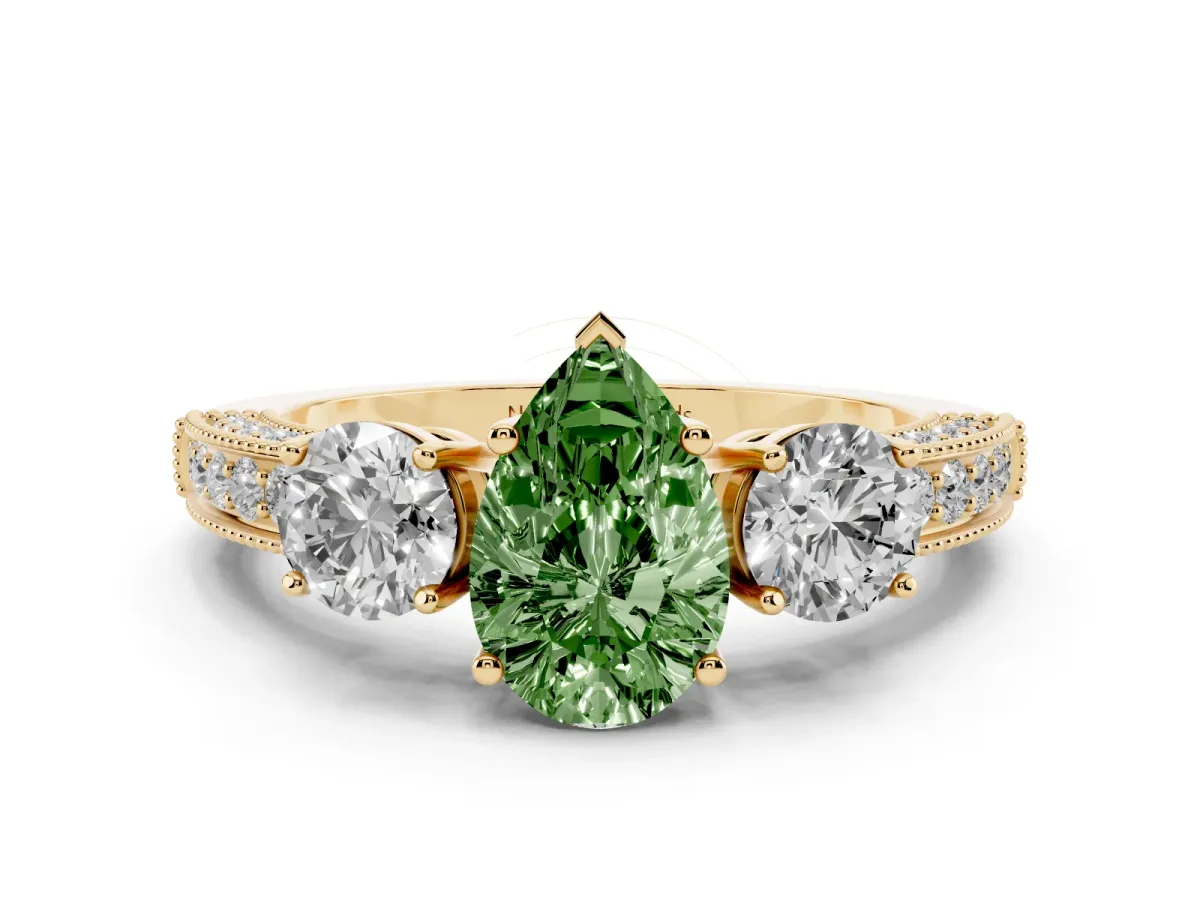 Fancy Green Pear Cut Diamond Three-Stone Ring Set in Yellow gold with Round Side Stones and Pavé Band