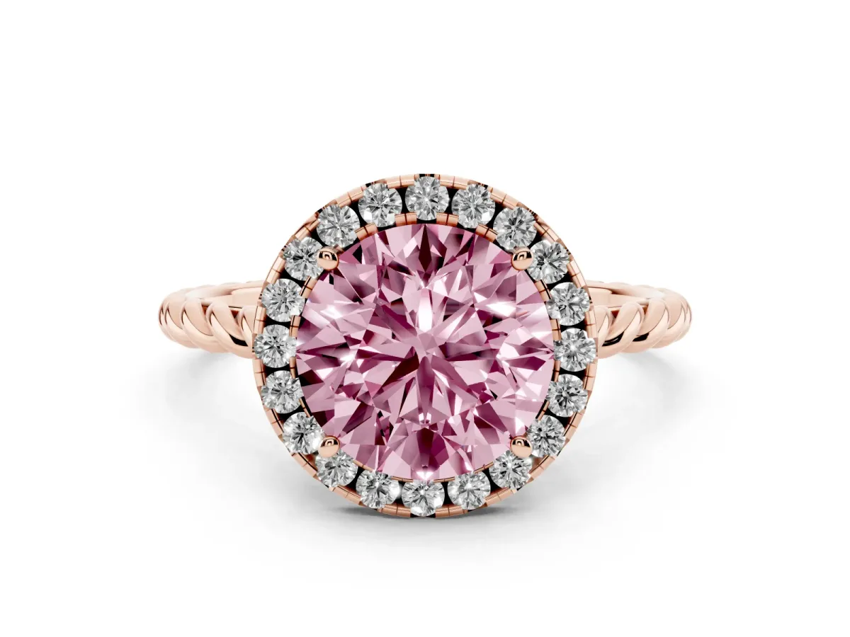 Fancy Pink Round Cut Diamond Halo Ring Set in Rose gold with Plain Twisted Band