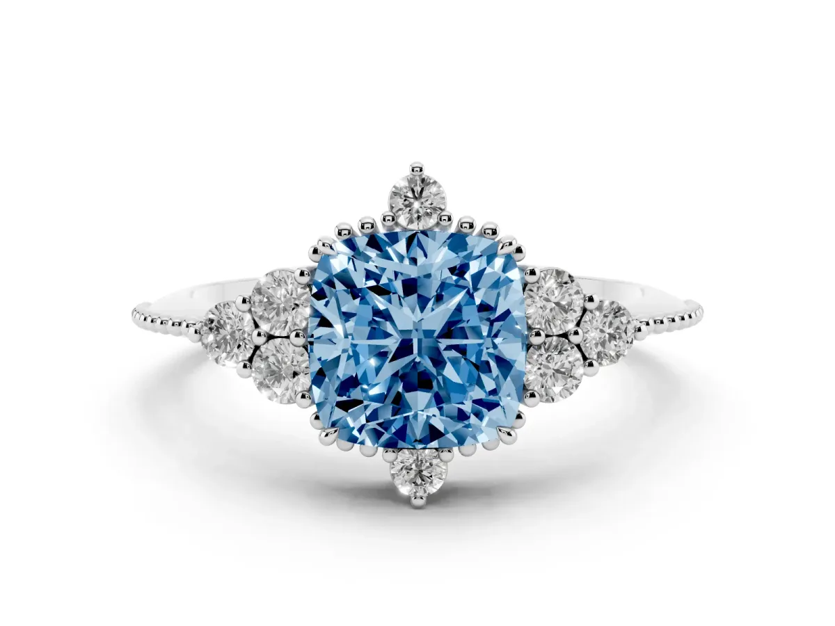 Fancy Blue Cushion Cut Diamond Cluster Ring Set in Platinum with Beaded Band