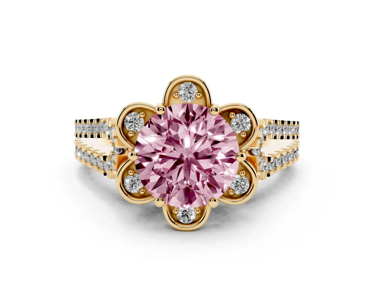 Fancy Pink Round Cut Diamond Floral Halo Split Shank Engagement Ring Set in Yellow gold with Pavé Shank