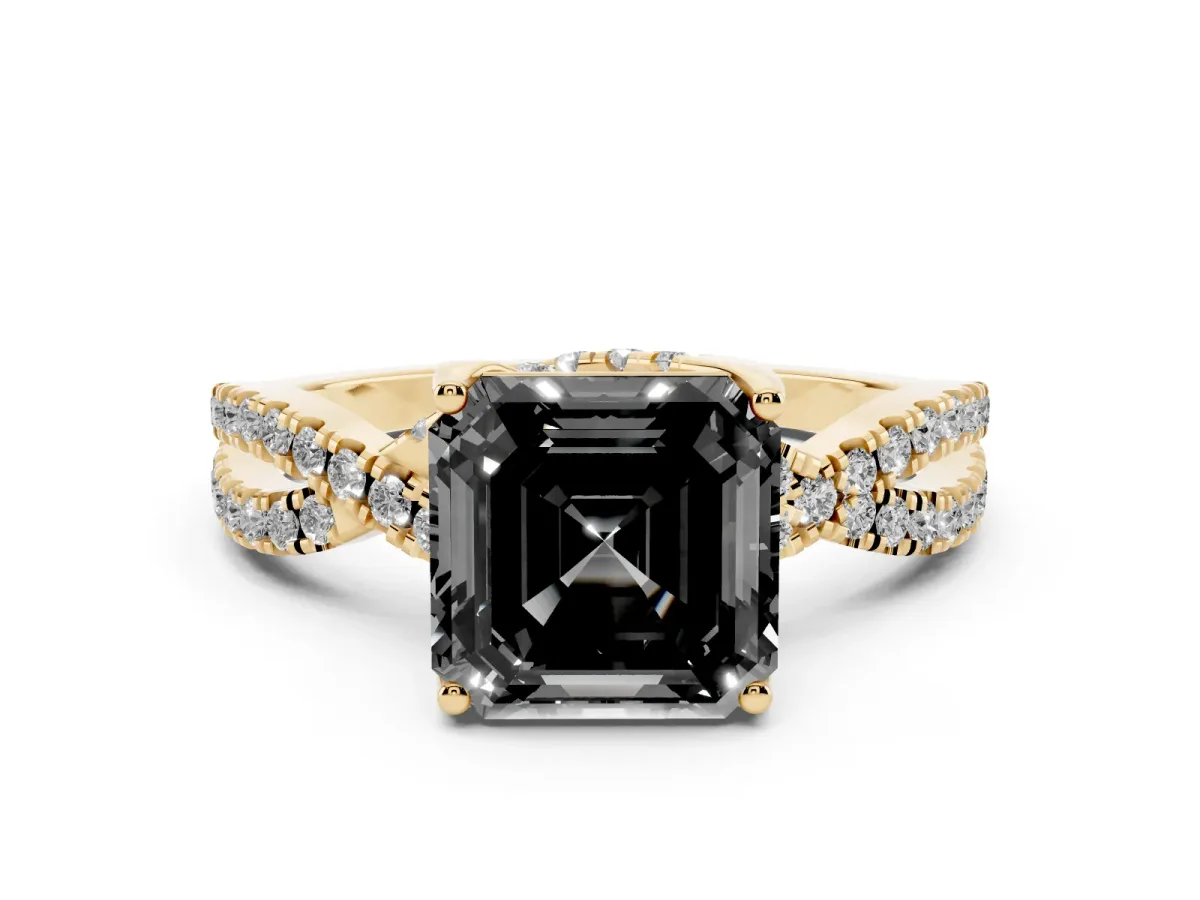 Fancy Black Asscher Cut Diamond Twist Pavé Solitaire Engagement Ring Set in Yellow gold with Prong Setting