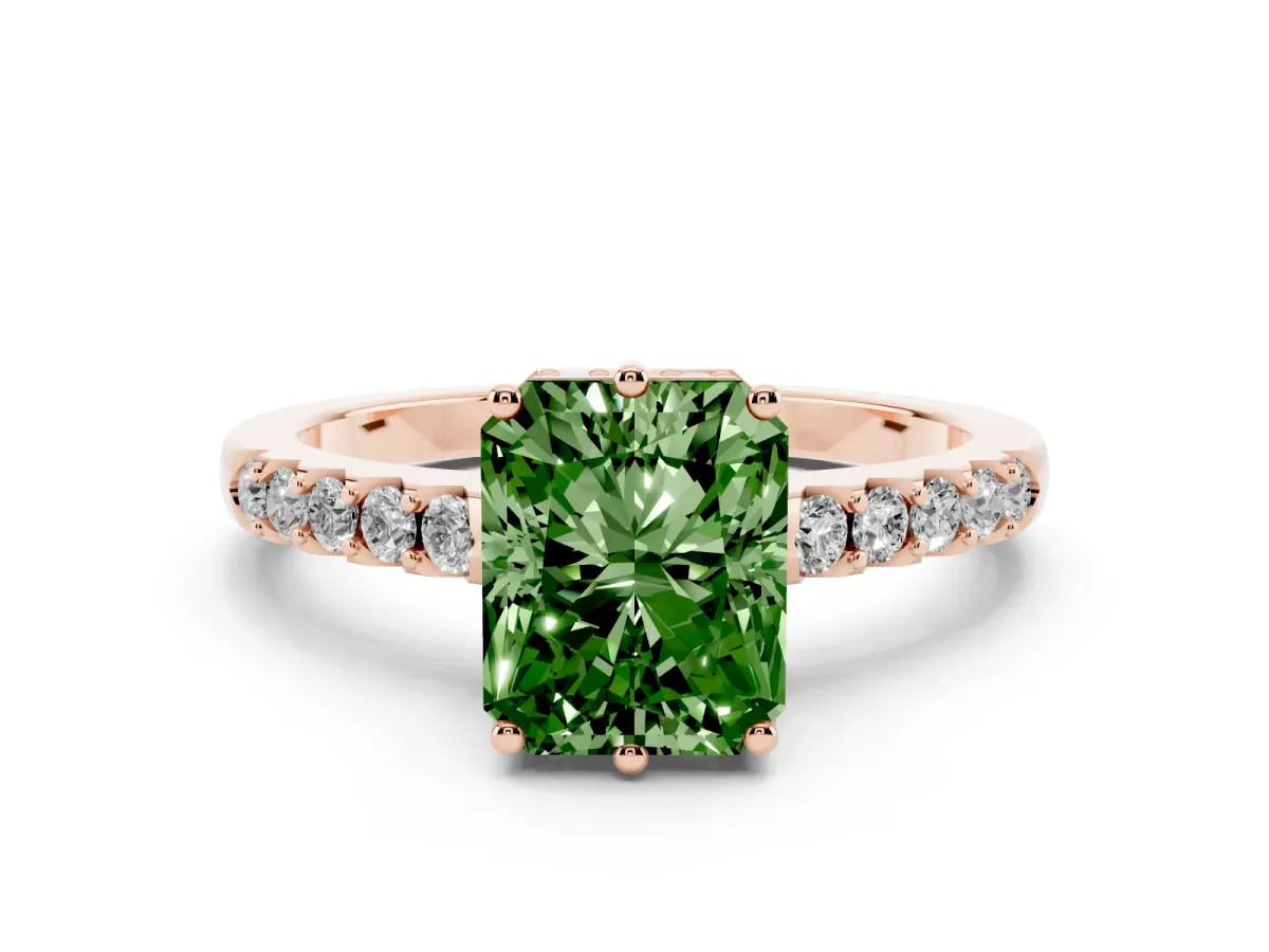 Fancy Green Radiant Cut Diamond Solitaire Engagement Ring Set in Rose gold with Pavé Band and Prong Setting