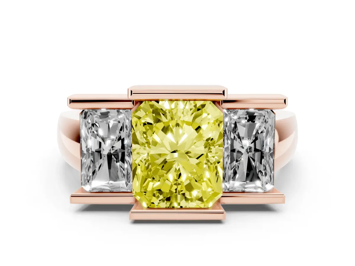 Fancy Yellow Radiant Cut Diamond Three-Stone Channel Set Ring Set in Rose gold with Smooth Polished Band