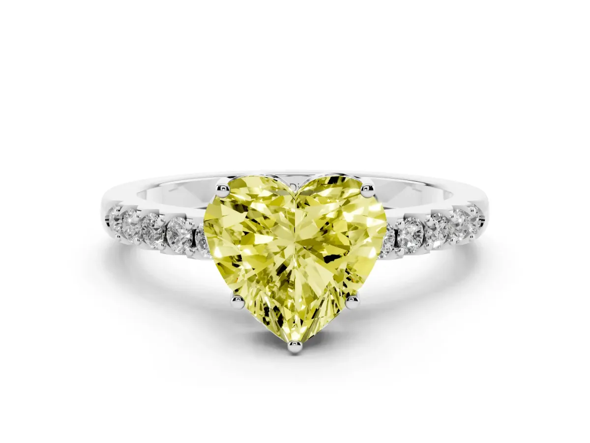 Fancy Yellow Heart Cut Diamond Solitaire Engagement Ring Set in Silver with Pavé Band and Prong Setting