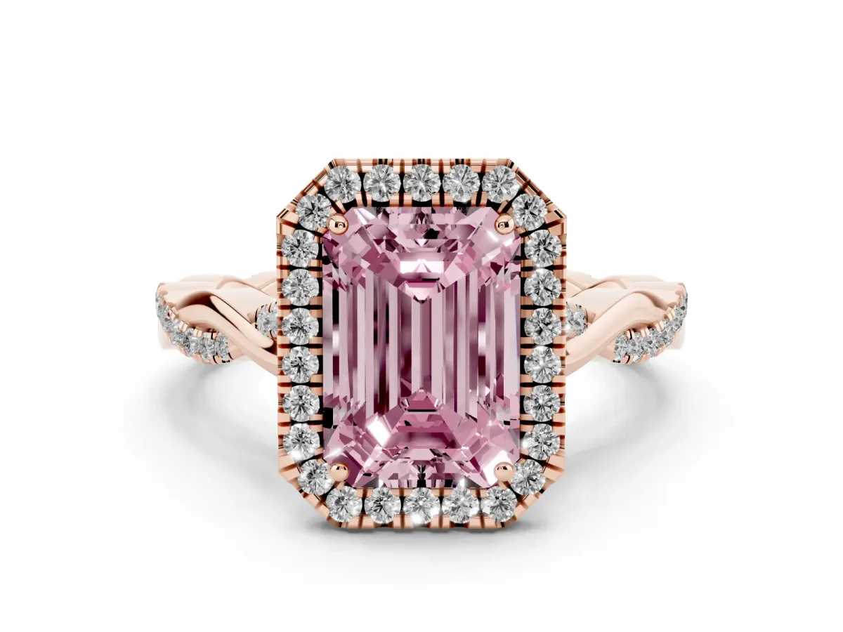 Fancy Pink Emerald Cut Diamond Halo Twist Band Solitaire Ring Set in Rose gold with Prong Setting