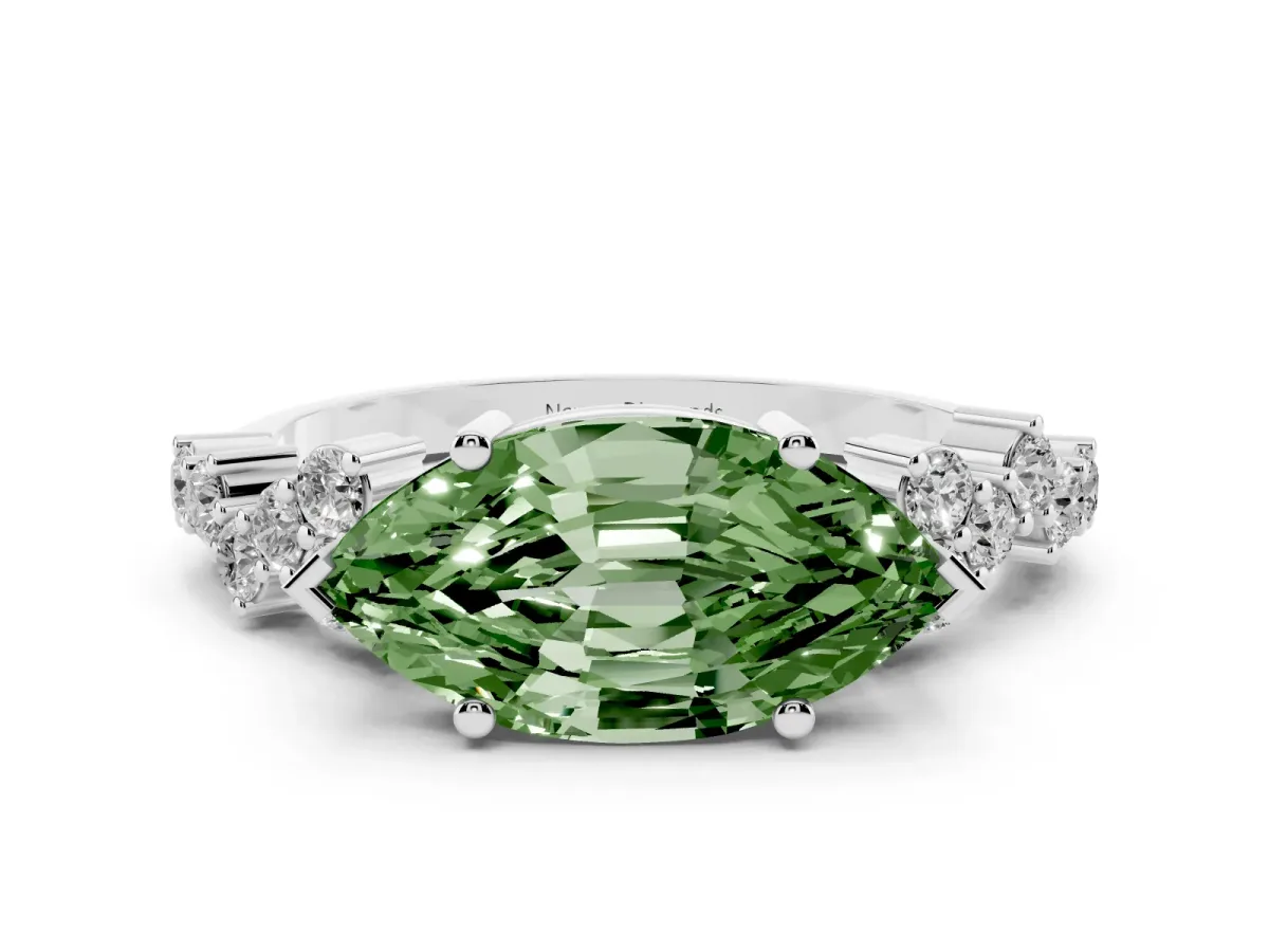 Fancy Green Marquise Cut Diamond Ring Set in Silver with Scattered Round Accents