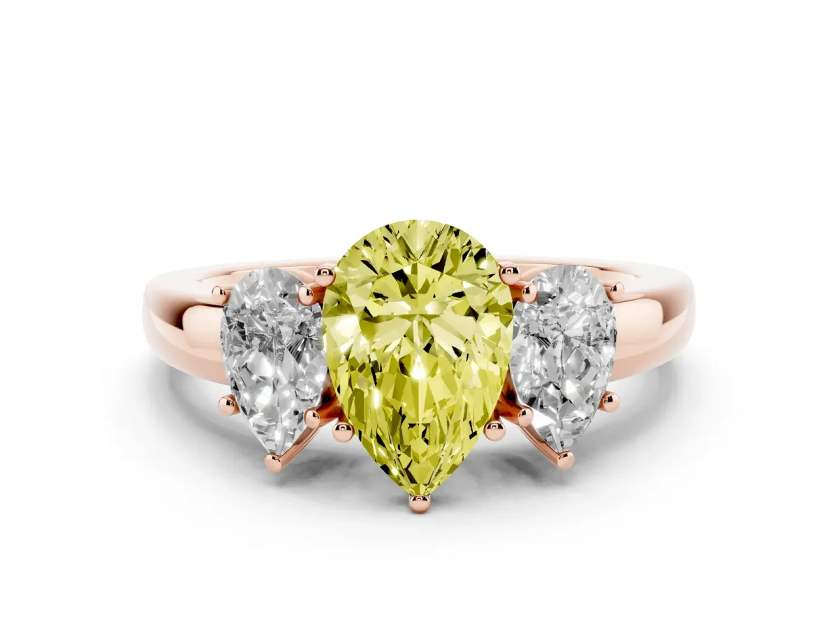 Fancy Yellow Pear Cut Diamond Three-Stone Ring Set in Rose gold with Bold Center and Classic Band