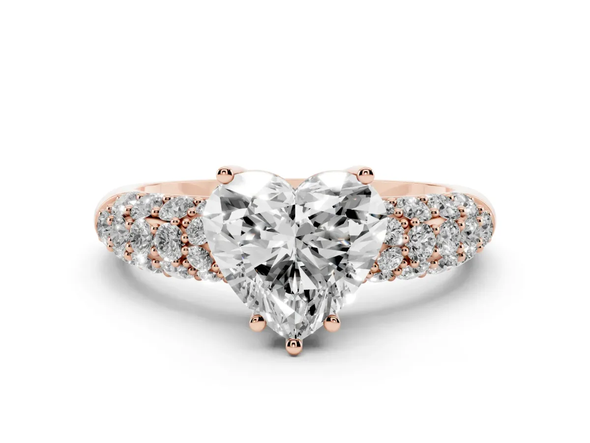 Heart Cut Diamond Pavé Band Solitaire Ring Set in Rose gold with Close-Set Accent Stones and Prong Setting