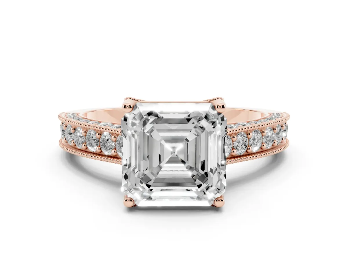 Asscher Cut Diamond Solitaire Ring Set in Rose gold with Milgrain-Edged Pavé Band and Prong Setting