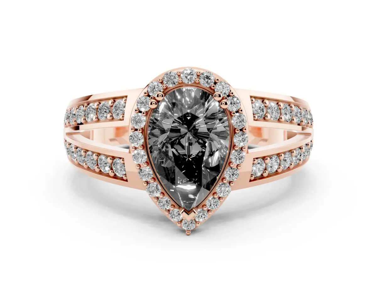 Fancy Black Pear Cut Diamond Halo Ring Set in Rose gold with Double Pavé Split Shank