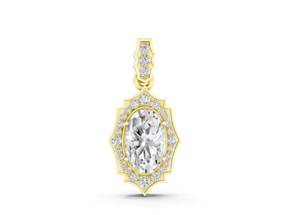 Oval Diamond Halo Pendant Set in Yellow gold with Milgrain Prongs