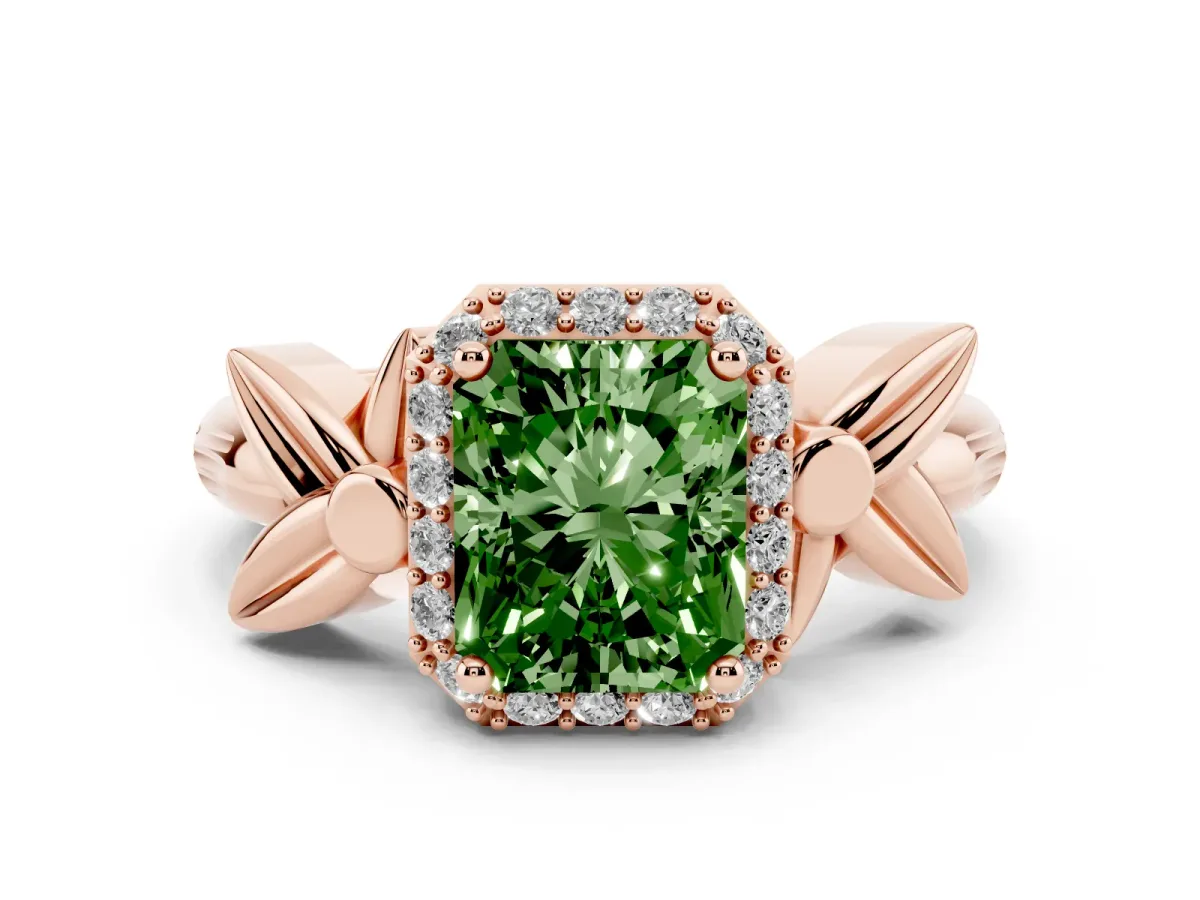 Fancy Green Radiant Cut Diamond Halo Floral Band Ring Set in Rose gold with Prong Setting