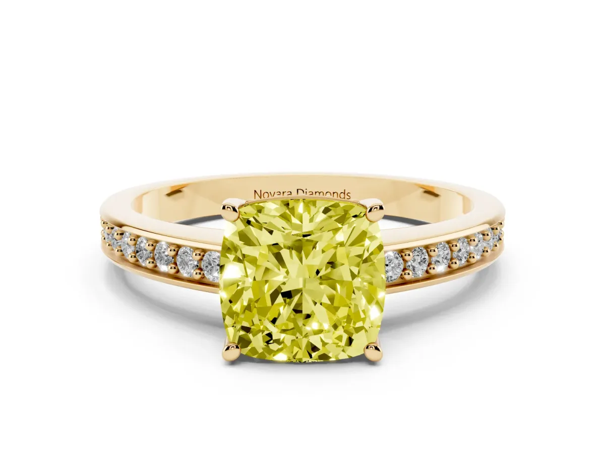 Fancy Yellow Cushion Cut Diamond Pavé Band Prong Set Solitaire Ring Set in Yellow gold