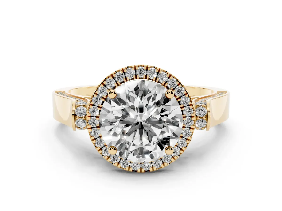 Round Cut Diamond Halo Ring Set in Yellow gold with Pavé-Lined Split Shank Band
