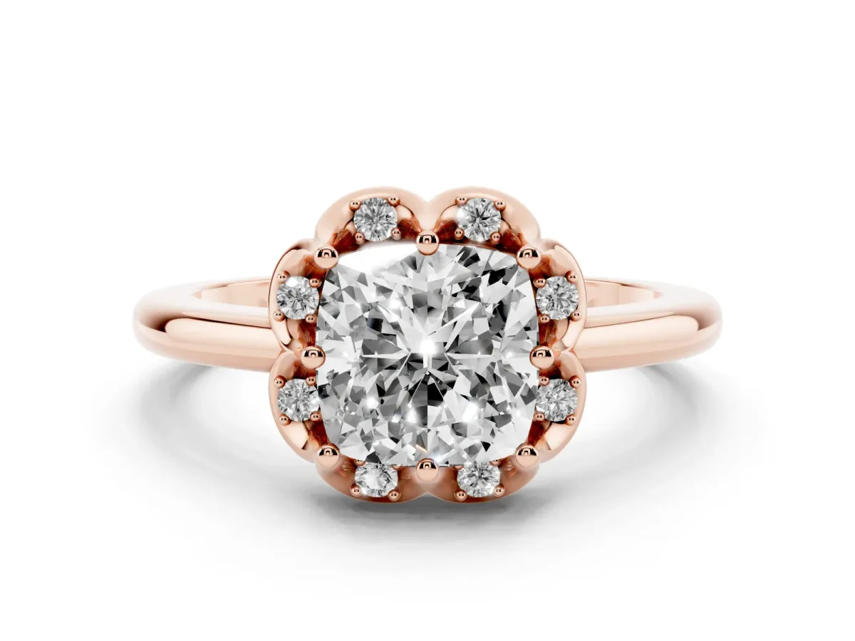 Cushion Cut Diamond Round Cluster Halo Ring Set in Rose gold with Solitaire Band and Prong Setting