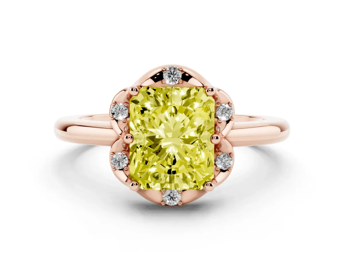 Fancy Yellow Radiant Cut Diamond Round Cluster Halo Ring Set in Rose gold with Solitaire Band and Prong Setting