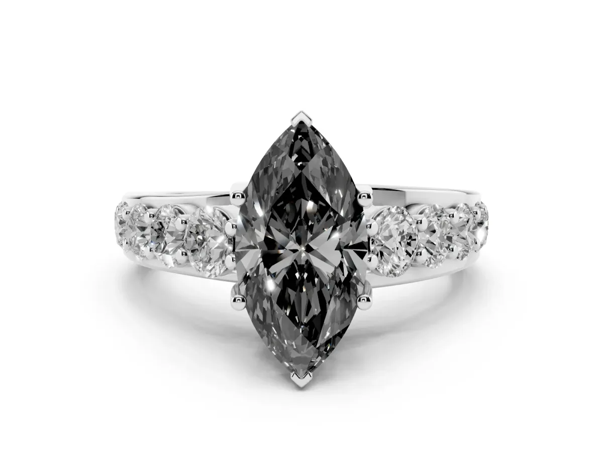 Fancy Black Marquise Cut Diamond Pavé Engagement Ring Set in White gold with Prong Setting