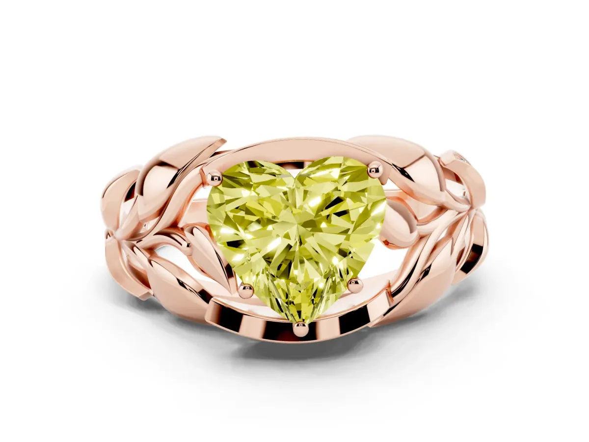 Fancy Yellow Heart Cut Diamond Leaf-Inspired Engagement Ring Set in Rose gold with Round Accents