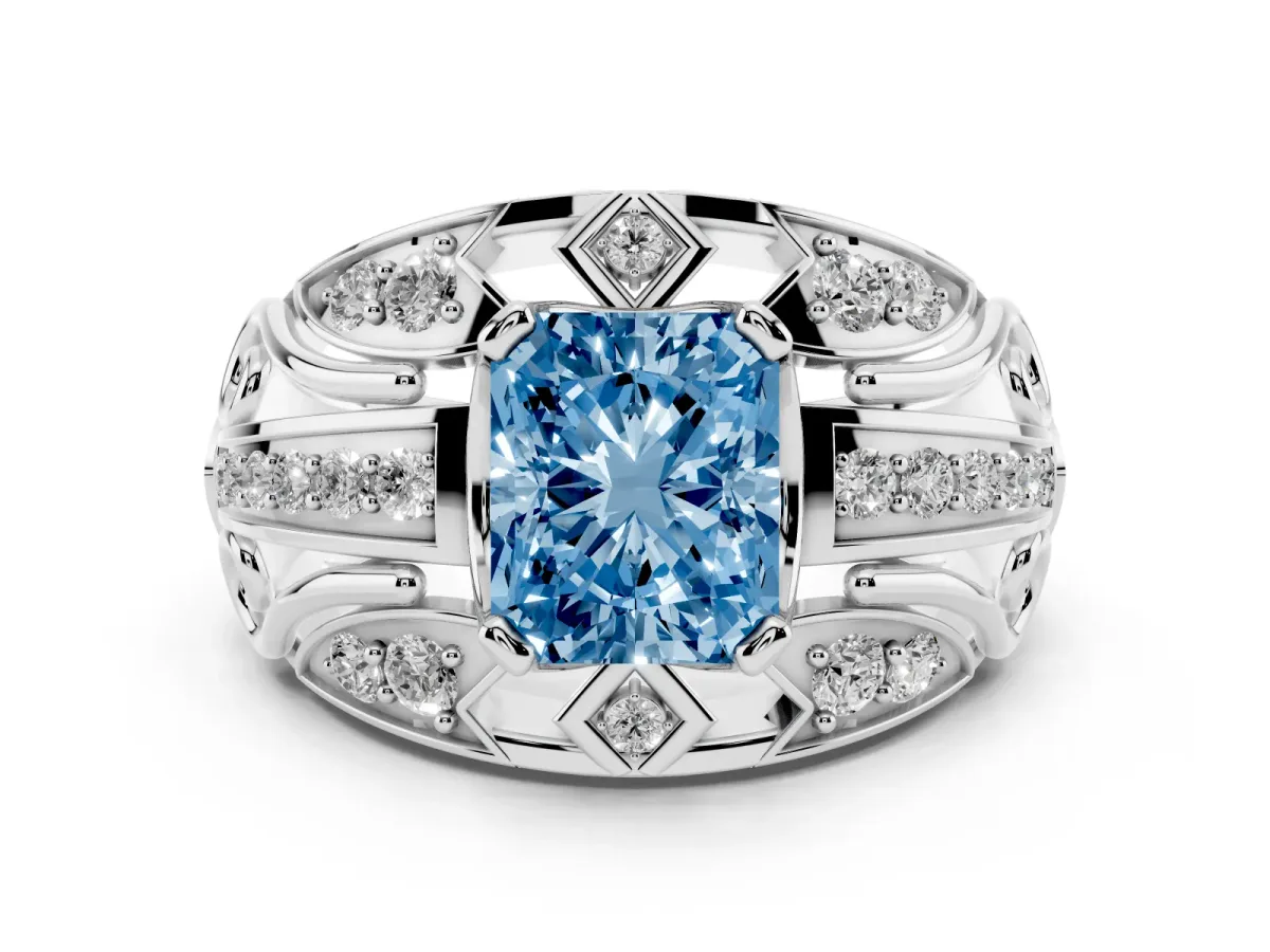 Fancy Blue Radiant Cut Diamond Art Deco Ring Set in White gold with Pavé Split Shank