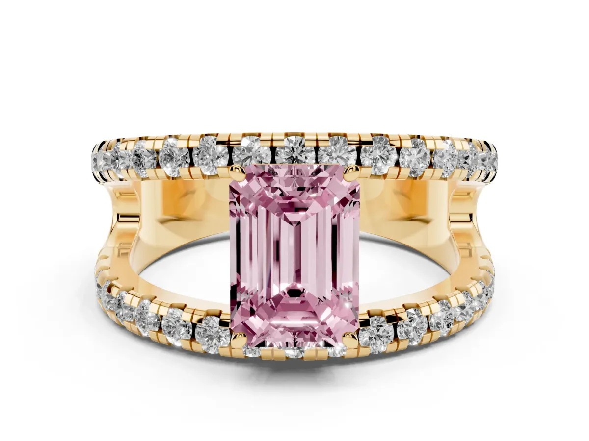 Fancy Pink Emerald Cut Diamond Split Shank Pavé Solitaire Ring Set in Yellow gold with Open Shank Design