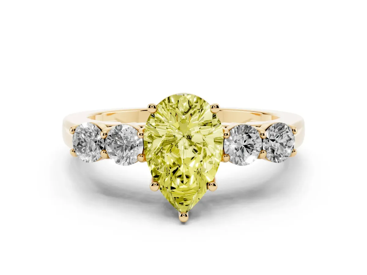 Fancy Yellow Pear Cut Diamond Five-Stone Prong Set Band Ring Set in Yellow gold with Polished Band