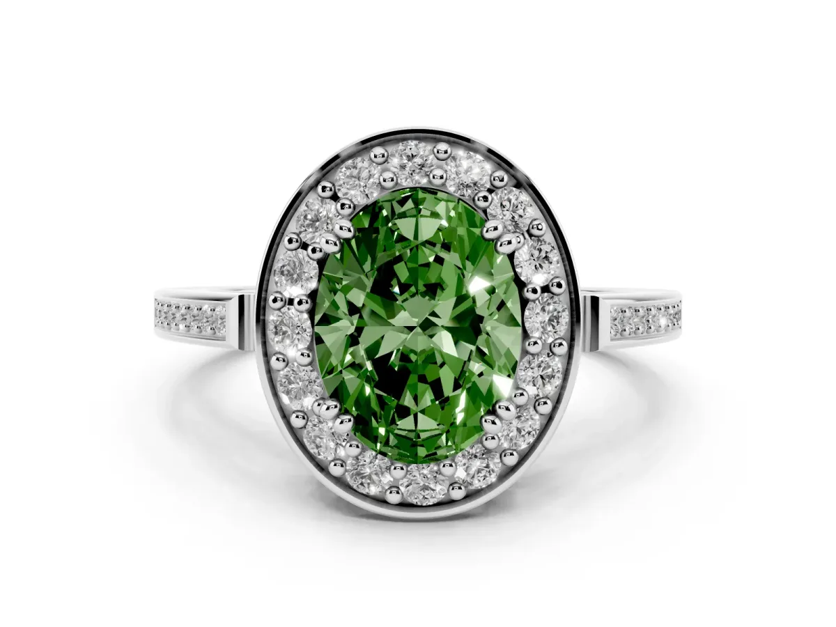 Fancy Green Oval Cut Diamond Halo Ring Set in Silver with Accent-Lined Split Shank and Prong Setting
