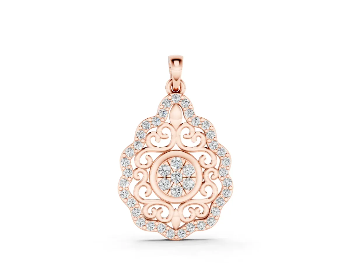 Round Diamond Halo Pendant Set in Rose gold with Filigree Frame
