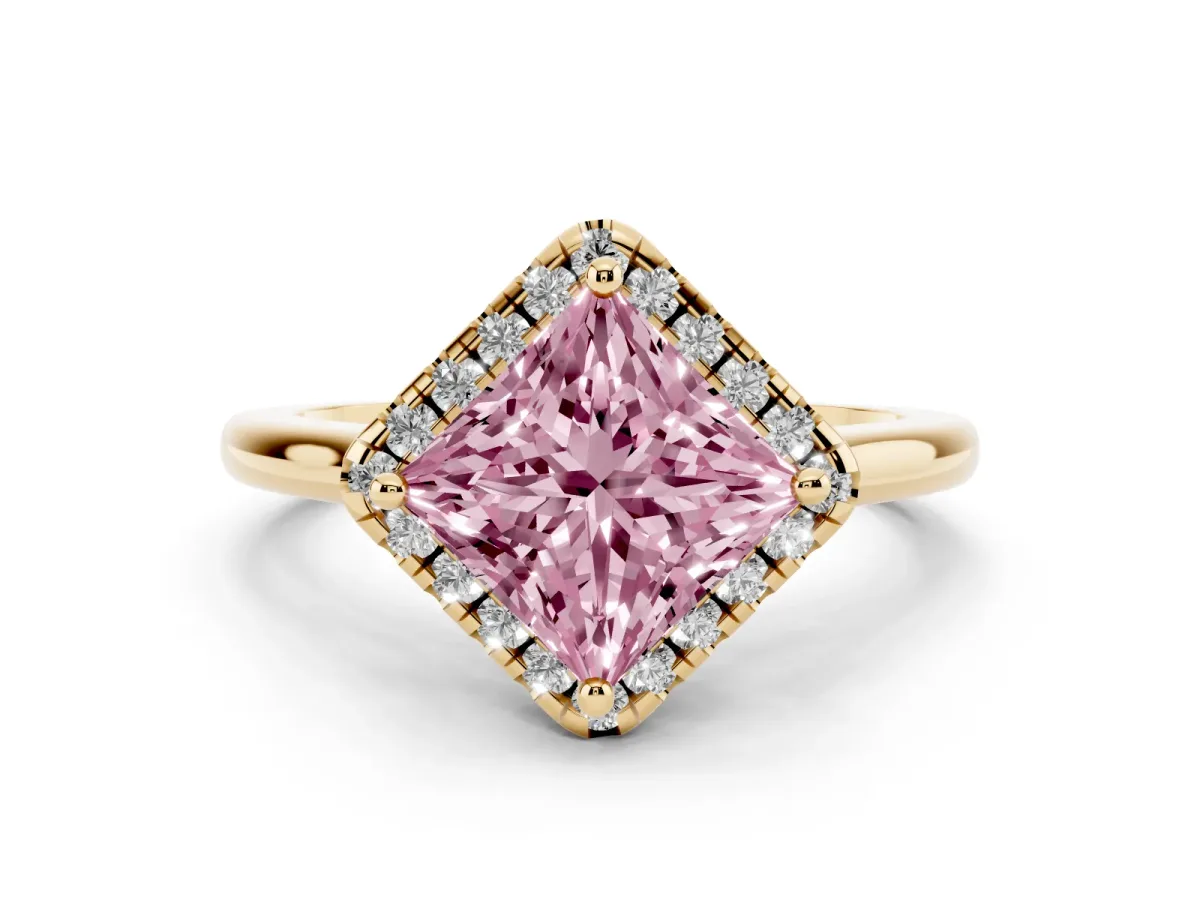 Fancy Pink Princess Cut Diamond Halo Engagement Ring Set in Yellow gold with Pavé Band and Rising Shoulders