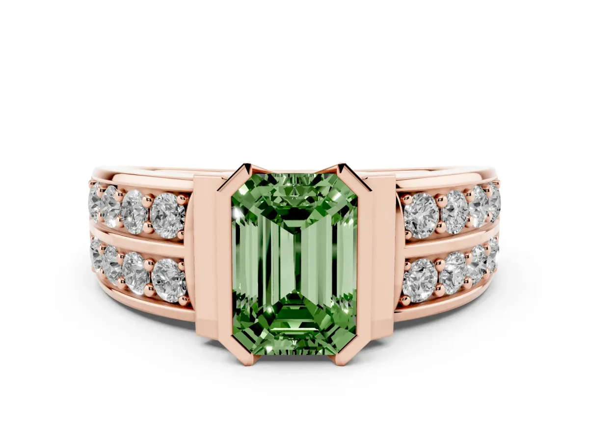 Fancy Green Emerald Cut Diamond Wide Channel Set Band Ring Set in Rose gold with Bezel Setting
