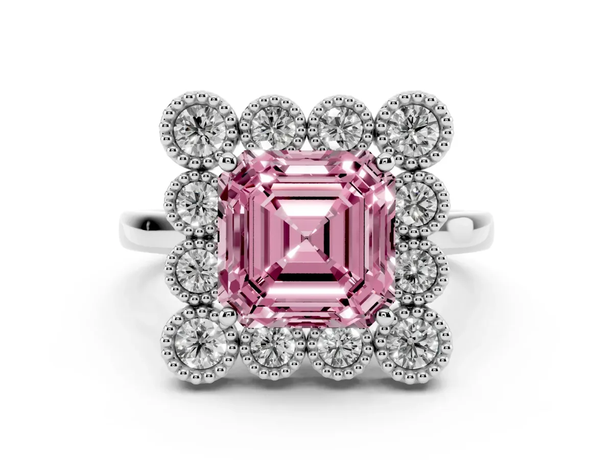 Fancy Pink Asscher Cut Diamond Cluster Halo Ring Set in White gold with Milgrain Bezel Accents and Plain Band