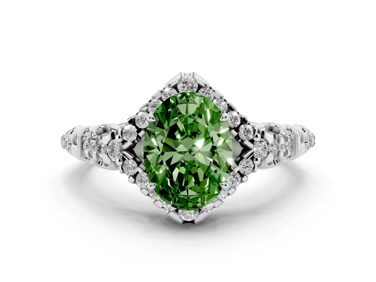 Fancy Green Oval Cut Diamond Solitaire Ring Set in White gold with Hidden Halo and Pavé Band