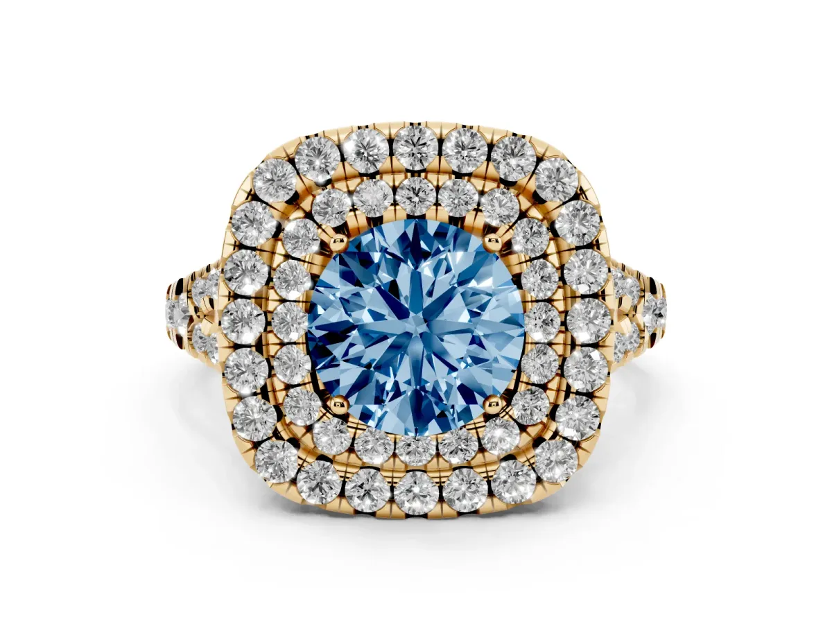 Fancy Blue Round Cut Diamond Double Halo Ring Set in Yellow gold with Pavé Split Shank and Prong Setting