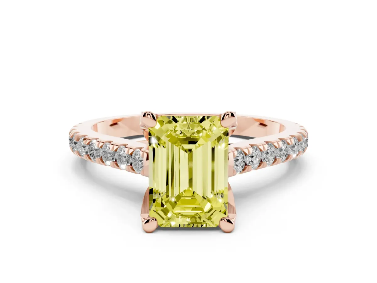 Fancy Yellow Emerald Cut Diamond Solitaire Ring Set in Rose gold with Brilliant Pavé Band and Prong Setting
