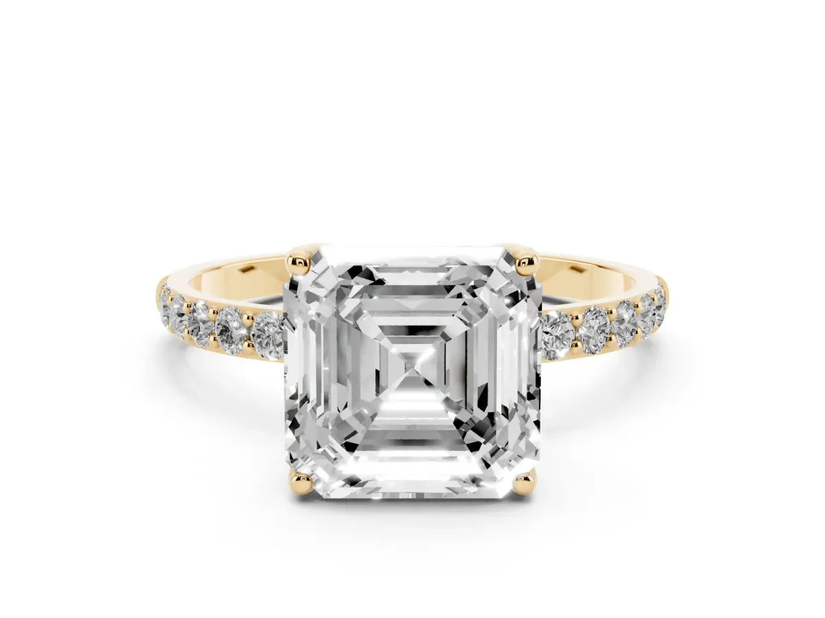 Asscher Cut Diamond Solitaire Engagement Ring Set in Yellow gold with Round Pavé Band and Prong Setting