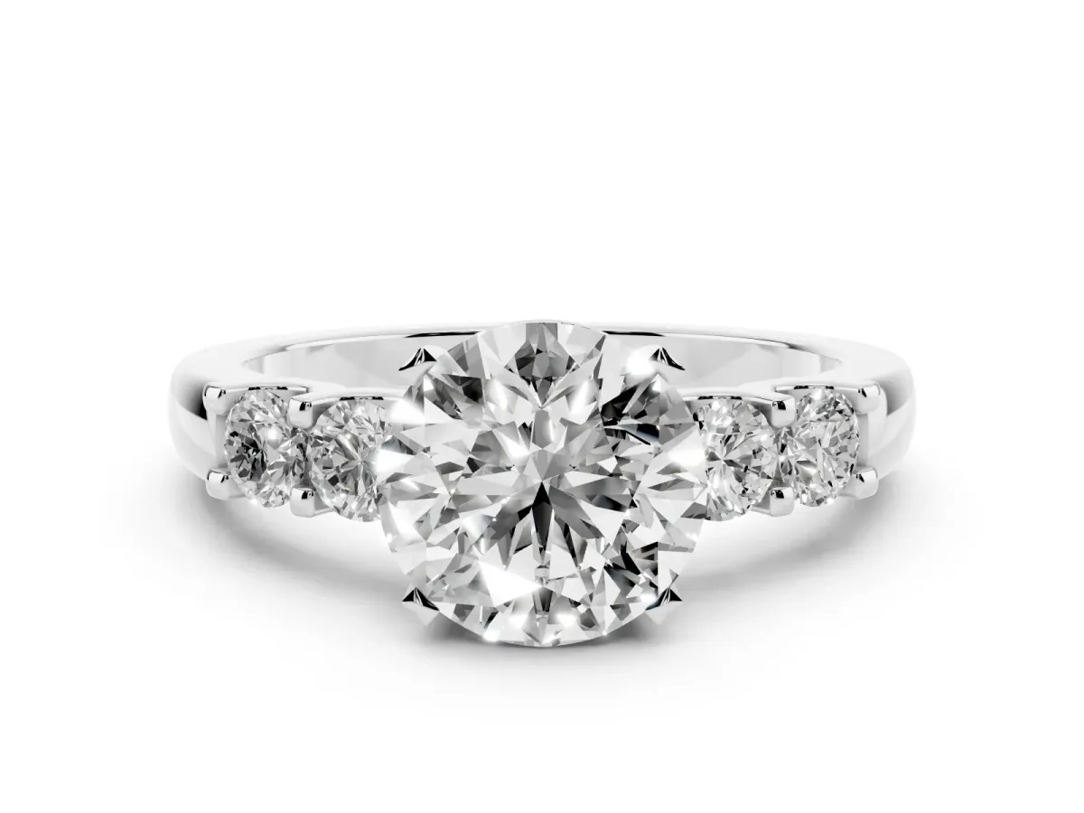 Round Cut Diamond Five-Stone Prong Set Engagement Ring Set in Platinum with Channel Band