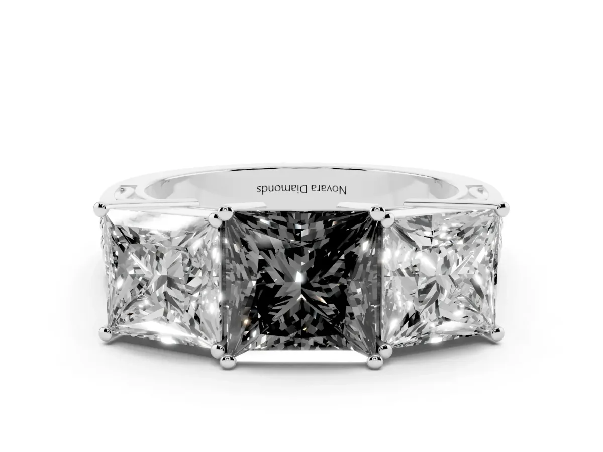 Fancy Black Princess Cut Diamond Three-Stone Ring Set in White gold with Textured Band