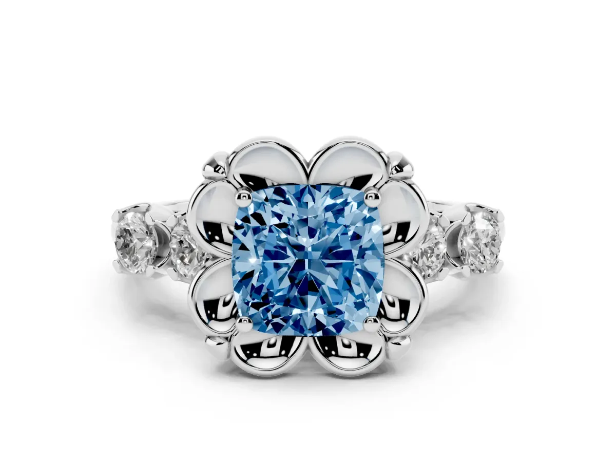 Fancy Blue Cushion Cut Diamond Floral Halo Ring Set in White gold with Shared Prong Band
