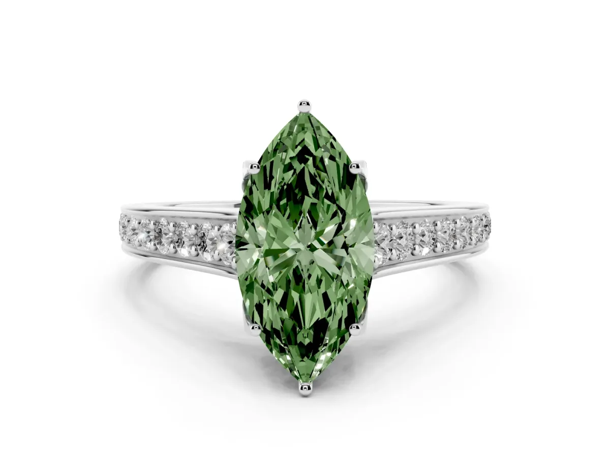 Fancy Green Marquise Cut Diamond Solitaire Pavé Engagement Ring Set in Silver with Prong Setting