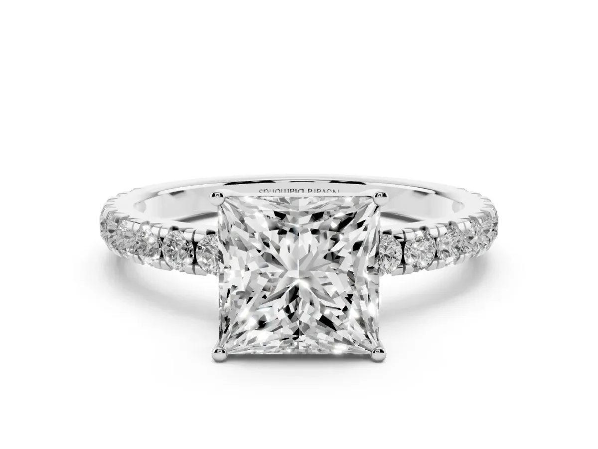 Princess Cut Diamond Pavé Solitaire Engagement Ring Set in White gold with Prong Setting